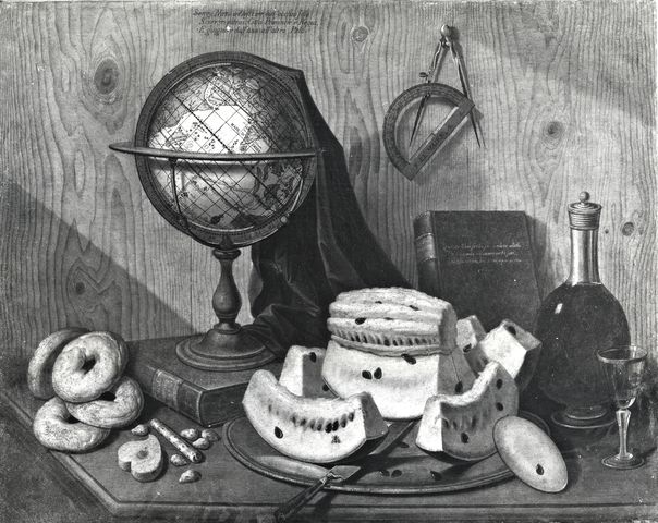 Anonimo — Lazzari Sebastiano - sec. XVIII - Trompe-l'oeil con globo terrestre, libri, cocomero, biscotti e strumenti scientifici — insieme